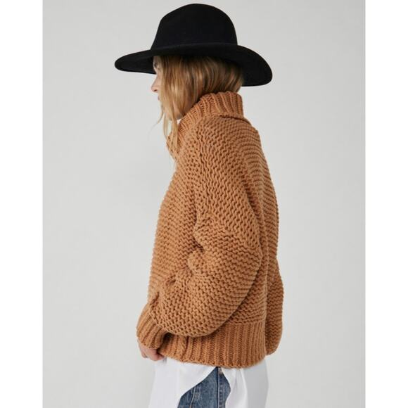 Free People My Only Sunshine Sweater Size M Camel Tan Oversize Chunky Mock Boho - Picture 2 of 14